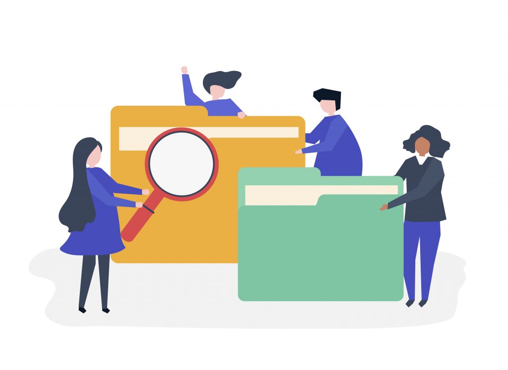 Characters of people searching through files