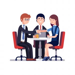 Businessman and woman handshake over round desk. Closing deal. Successful business negotiations meeting or employee job interview. Colorful flat style vector illustration isolated on white background.